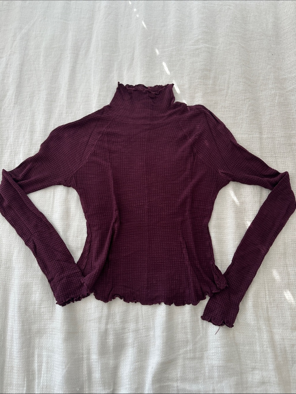 Free People Ribbed Lettuce-Edge Mock Neck Top - Plum